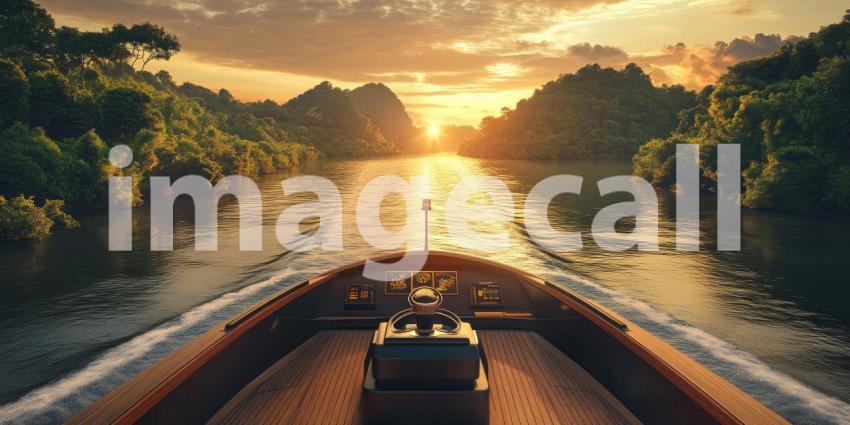 Sunset River Cruise: Boat's Bow Cuts Through Calm Water, Golden Light on Trees, a Peaceful Journey into the Setting Sun.