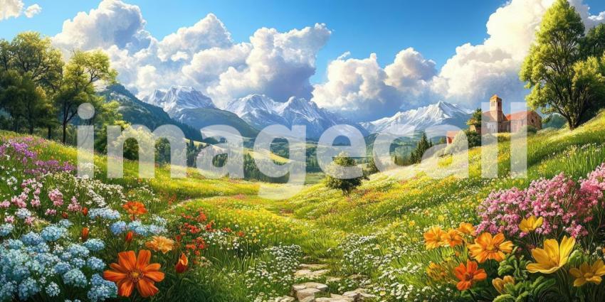 Alpine Meadow Dream: Flowers and Mountains Under Fluffy Clouds, a Path to a Distant Church in a Lush Valley.