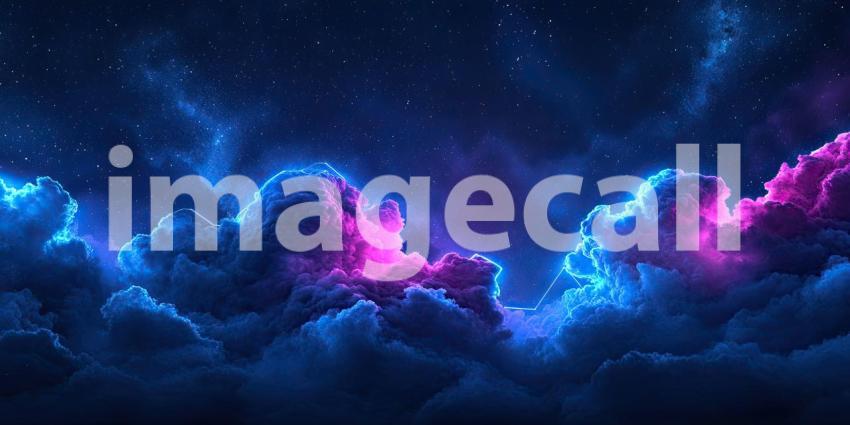 Neon Cloudscape Dream: Pink and Blue Hues in Starry Night, Electric Glow on Stormy Clouds, a Surreal Celestial Scene.