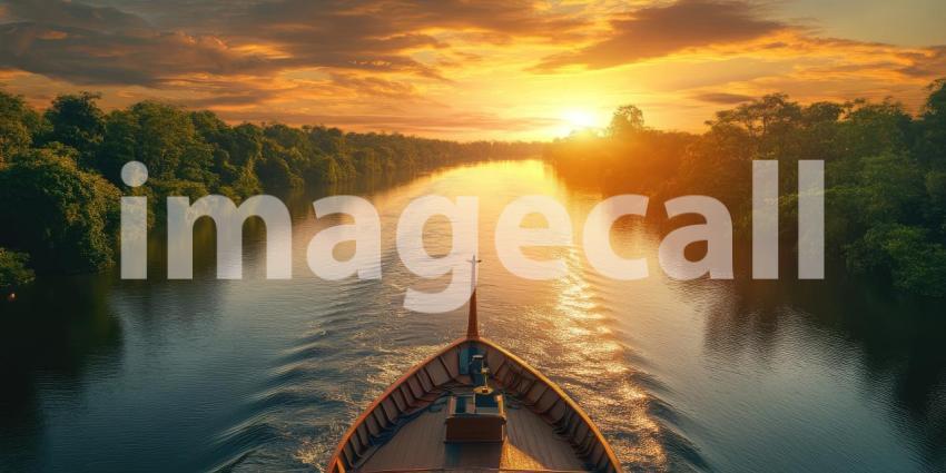 Sunset River Cruise: Boat's Bow Cuts Through Calm Water, Golden Light on Trees, a Peaceful Journey into the Setting Sun.