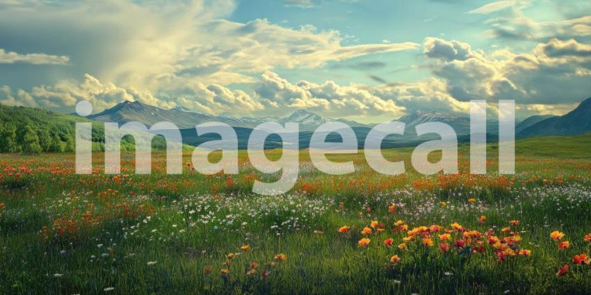 Alpine Meadow Dream: Flowers and Mountains Under Fluffy Clouds, a Path to a Distant Church in a Lush Valley.