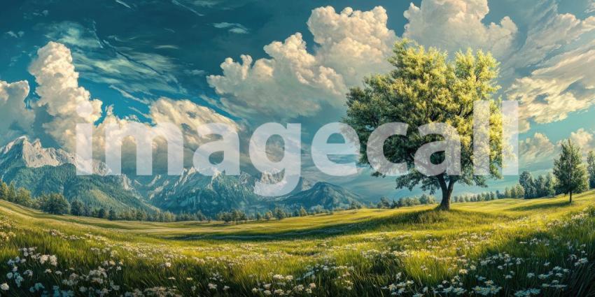 Alpine Meadow Dream: Flowers and Mountains Under Fluffy Clouds, a Path to a Distant Church in a Lush Valley.