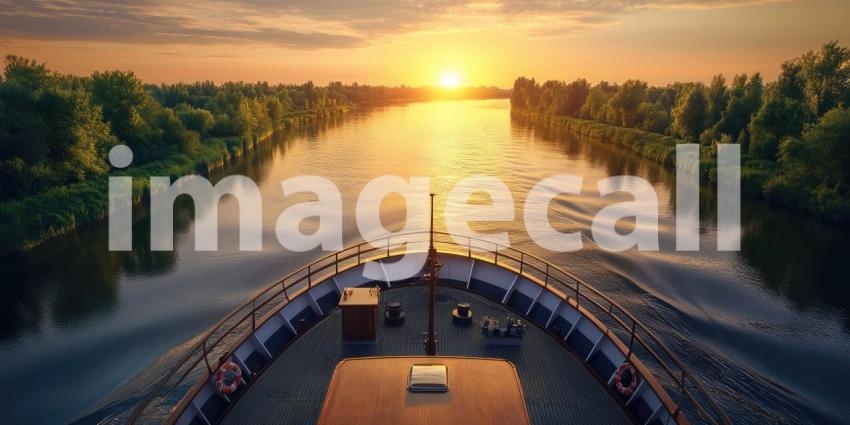Sunset River Cruise: Boat's Bow Cuts Through Calm Water, Golden Light on Trees, a Peaceful Journey into the Setting Sun.
