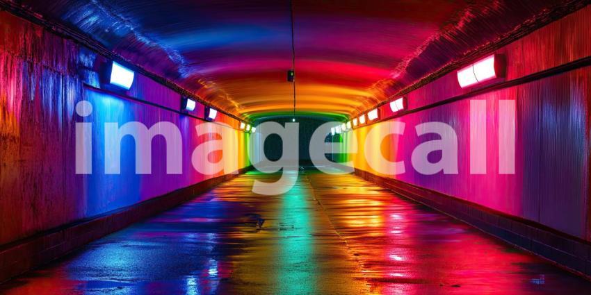 Neon Tunnel Journey: Reflecting Lights on Wet Floor, Vibrant Arches in a Dark Passage, a Psychedelic Path into the Unknown.