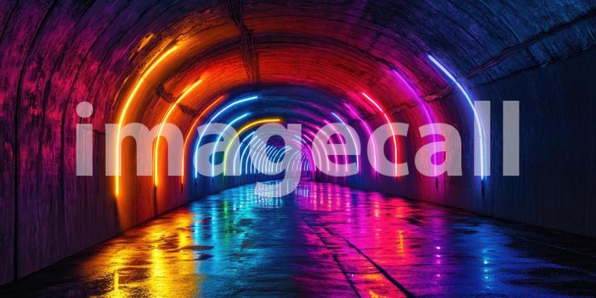 Neon Tunnel Journey: Reflecting Lights on Wet Floor, Vibrant Arches in a Dark Passage, a Psychedelic Path into the Unknown.