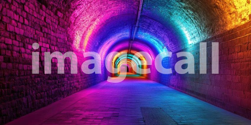 Neon Tunnel Journey: Reflecting Lights on Wet Floor, Vibrant Arches in a Dark Passage, a Psychedelic Path into the Unknown.
