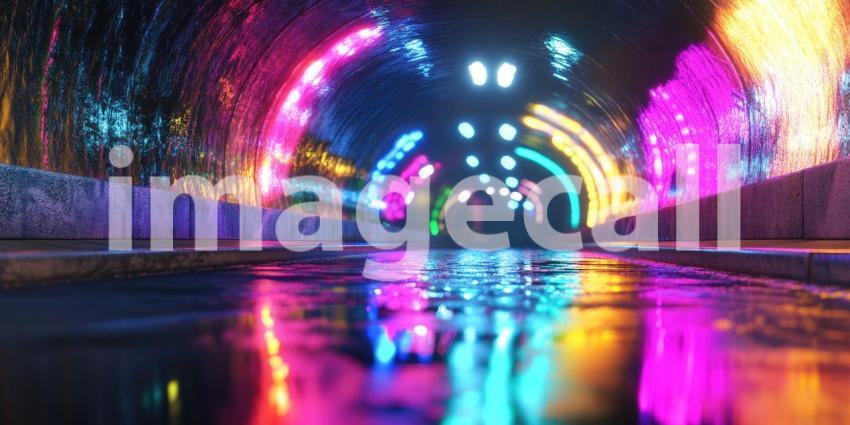 Neon Tunnel Journey: Reflecting Lights on Wet Floor, Vibrant Arches in a Dark Passage, a Psychedelic Path into the Unknown.