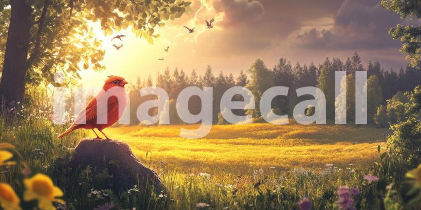 Sunlit Meadow Sanctuary: Grazing Animals by a Gentle Stream, Birds Soar Above Lush Green Trees, a Peaceful Wilderness Haven.