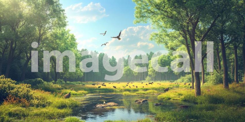 Sunlit Meadow Sanctuary: Grazing Animals by a Gentle Stream, Birds Soar Above Lush Green Trees, a Peaceful Wilderness Haven.