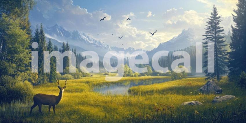 Sunlit Meadow Sanctuary: Grazing Animals by a Gentle Stream, Birds Soar Above Lush Green Trees, a Peaceful Wilderness Haven.