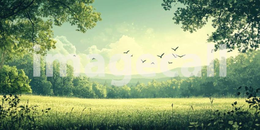 Sunlit Meadow Sanctuary: Grazing Animals by a Gentle Stream, Birds Soar Above Lush Green Trees, a Peaceful Wilderness Haven.