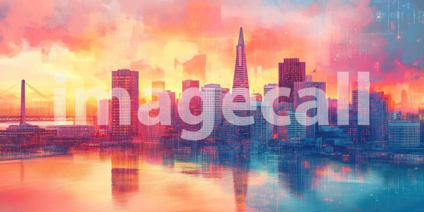 San Francisco Sunset Hues: City Skyline Reflects in Bay, Painted Sky in Vibrant Colors, a Dreamy Urban Landscape.