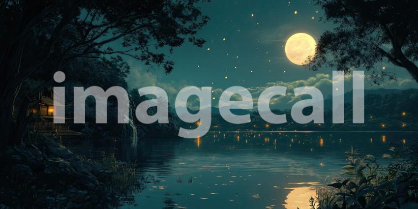 Moonlit Lake Serenity: Pagoda and Stars Reflect in Calm Water, Glowing Lights in a Dark, Enchanted Landscape.