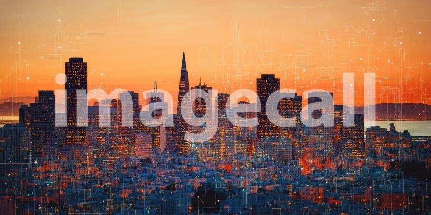 San Francisco Sunset Hues: City Skyline Reflects in Bay, Painted Sky in Vibrant Colors, a Dreamy Urban Landscape.