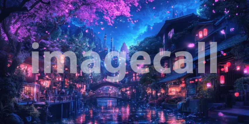 Moonlit Lake Serenity: Pagoda and Stars Reflect in Calm Water, Glowing Lights in a Dark, Enchanted Landscape.