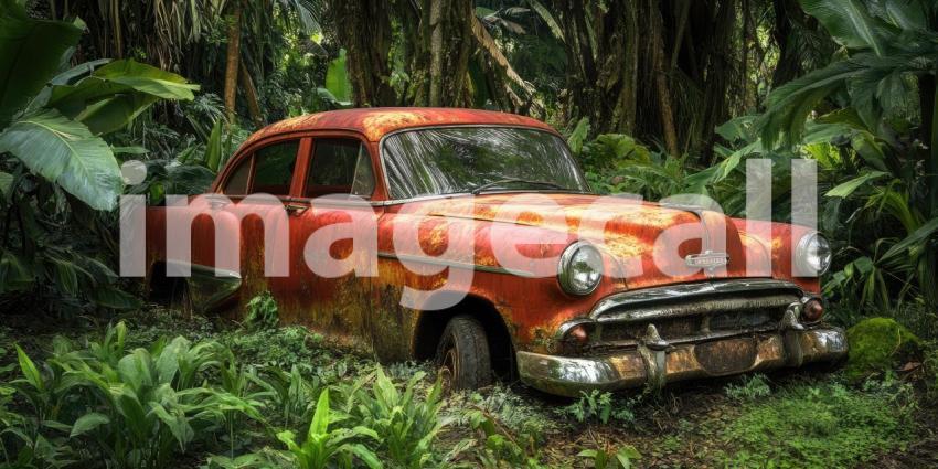 Vintage Car Abandoned in Lush Forest, Sunbeams Pierce Through Trees, a Nostalgic Scene of Forgotten Times.