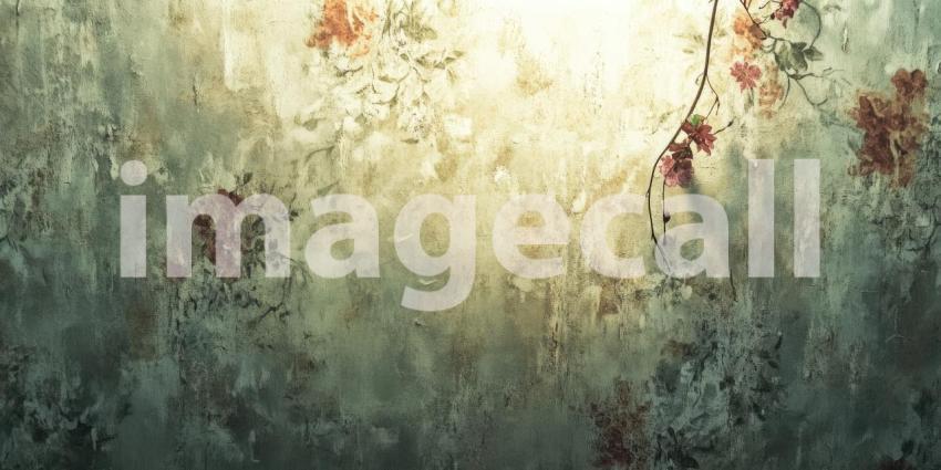 Faded Floral Wall: Sunlight on Distressed Texture, Vintage Wallpaper and Bare Floor, a Scene of Rustic Charm and Timeworn Beauty.