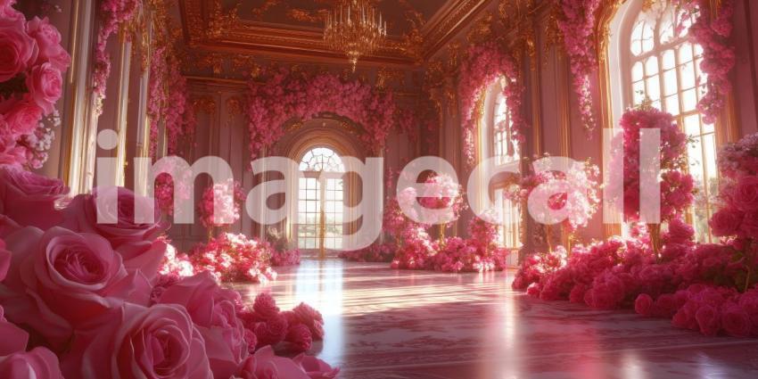 Gilded Palace Grandeur: Teal Drapes and Ornate Gold, Reflective Floors and Crystal Chandeliers, a Lavish and Regal Interior Scene.