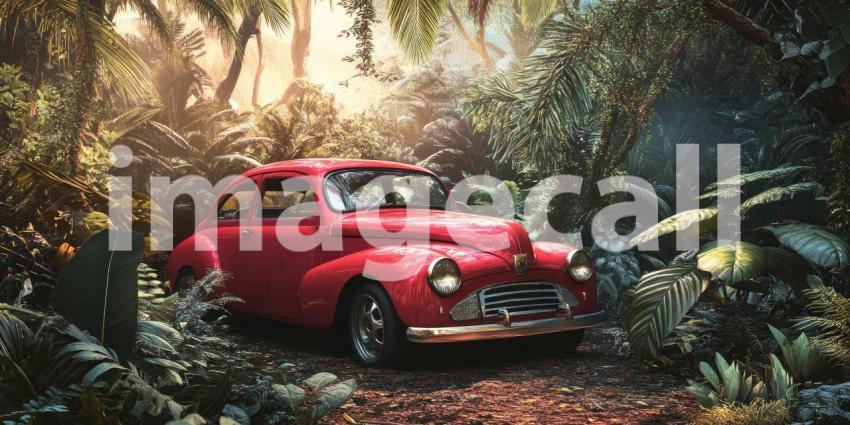 Vintage Car Abandoned in Lush Forest, Sunbeams Pierce Through Trees, a Nostalgic Scene of Forgotten Times.