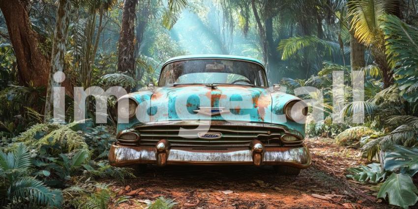 Vintage Car Abandoned in Lush Forest, Sunbeams Pierce Through Trees, a Nostalgic Scene of Forgotten Times.
