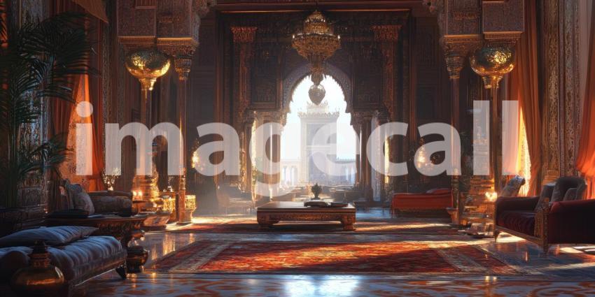 Gilded Palace Grandeur: Teal Drapes and Ornate Gold, Reflective Floors and Crystal Chandeliers, a Lavish and Regal Interior Scene.