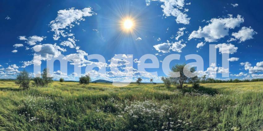 Sunlit Coastal Vista: Grassy Shore Meets Sparkling Sea, Distant Mountains and Fluffy Clouds, a Peaceful and Serene Natural Landscape.