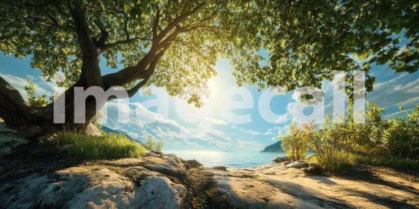 Sunlit Coastal Vista: Grassy Shore Meets Sparkling Sea, Distant Mountains and Fluffy Clouds, a Peaceful and Serene Natural Landscape.