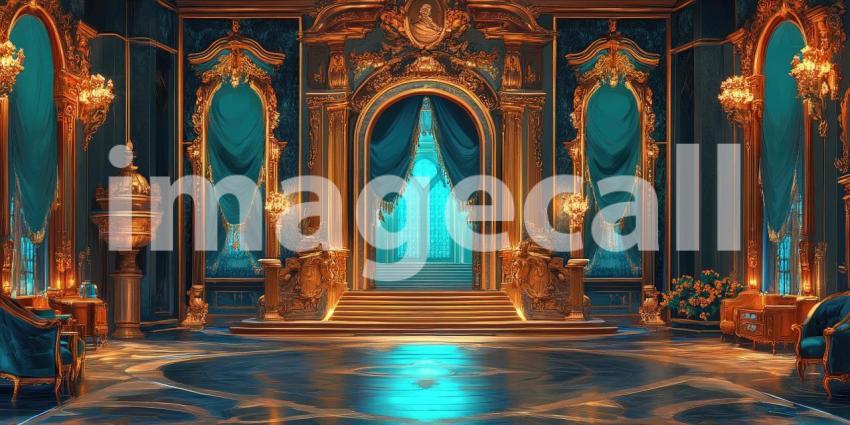 Gilded Palace Grandeur: Teal Drapes and Ornate Gold, Reflective Floors and Crystal Chandeliers, a Lavish and Regal Interior Scene.