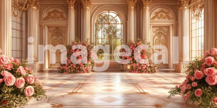 Gilded Palace Grandeur: Teal Drapes and Ornate Gold, Reflective Floors and Crystal Chandeliers, a Lavish and Regal Interior Scene.