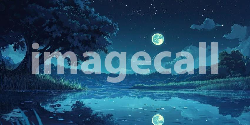 Moonlit Lake Serenity: Pagoda and Stars Reflect in Calm Water, Glowing Lights in a Dark, Enchanted Landscape.