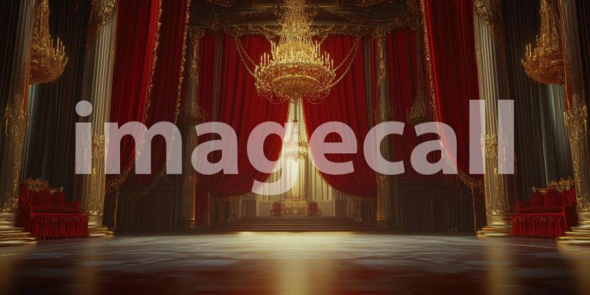 Gilded Palace Grandeur: Teal Drapes and Ornate Gold, Reflective Floors and Crystal Chandeliers, a Lavish and Regal Interior Scene.