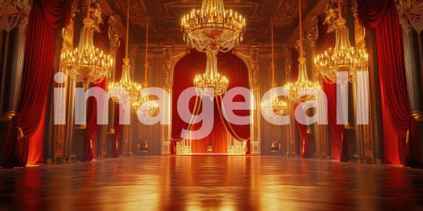 Gilded Palace Grandeur: Teal Drapes and Ornate Gold, Reflective Floors and Crystal Chandeliers, a Lavish and Regal Interior Scene.
