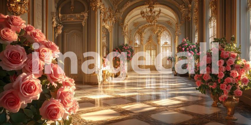 Gilded Palace Grandeur: Teal Drapes and Ornate Gold, Reflective Floors and Crystal Chandeliers, a Lavish and Regal Interior Scene.