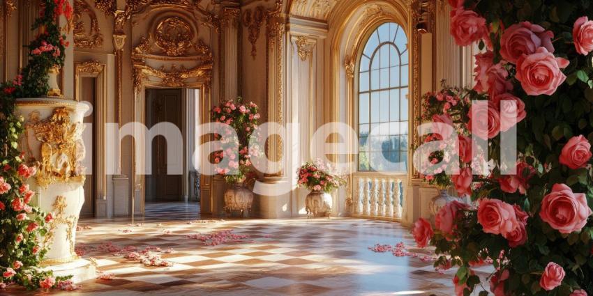 Gilded Palace Grandeur: Teal Drapes and Ornate Gold, Reflective Floors and Crystal Chandeliers, a Lavish and Regal Interior Scene.