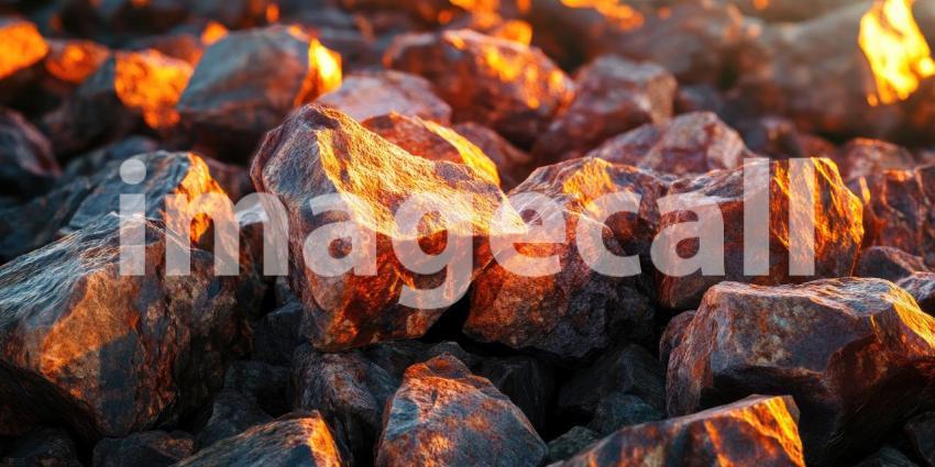 Golden Shoreline Rocks: Sunset Glow on Wet Sand, Gentle Waves Wash Over Stones, a Peaceful and Warm Coastal Scene.