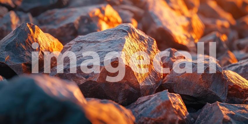 Golden Shoreline Rocks: Sunset Glow on Wet Sand, Gentle Waves Wash Over Stones, a Peaceful and Warm Coastal Scene.