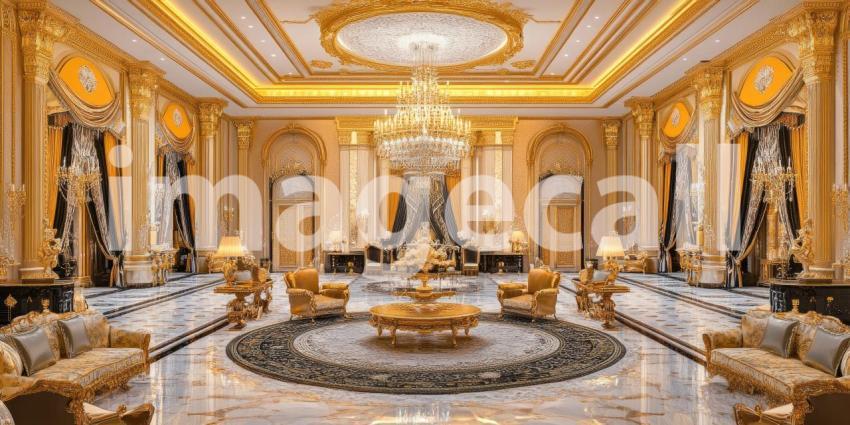 Gilded Palace Grandeur: Teal Drapes and Ornate Gold, Reflective Floors and Crystal Chandeliers, a Lavish and Regal Interior Scene.