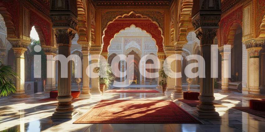 Gilded Palace Grandeur: Teal Drapes and Ornate Gold, Reflective Floors and Crystal Chandeliers, a Lavish and Regal Interior Scene.