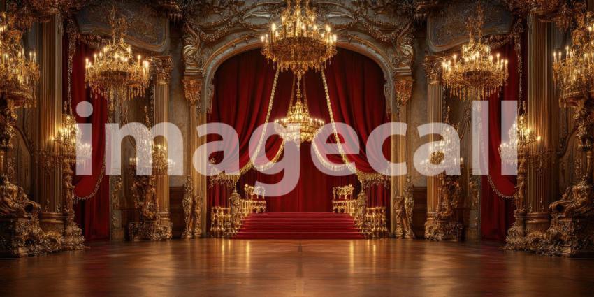 Gilded Palace Grandeur: Teal Drapes and Ornate Gold, Reflective Floors and Crystal Chandeliers, a Lavish and Regal Interior Scene.