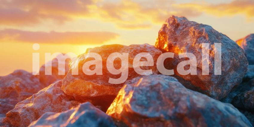 Golden Shoreline Rocks: Sunset Glow on Wet Sand, Gentle Waves Wash Over Stones, a Peaceful and Warm Coastal Scene.