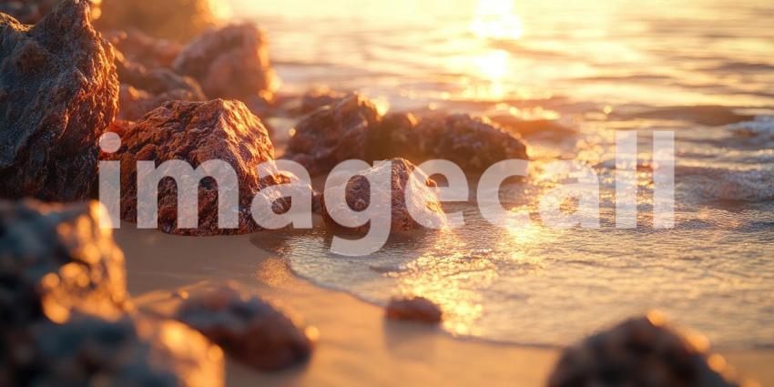 Golden Shoreline Rocks: Sunset Glow on Wet Sand, Gentle Waves Wash Over Stones, a Peaceful and Warm Coastal Scene.