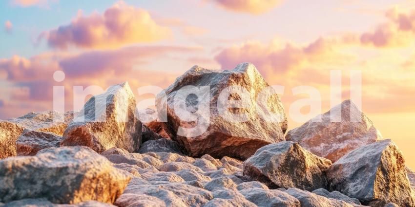 Golden Shoreline Rocks: Sunset Glow on Wet Sand, Gentle Waves Wash Over Stones, a Peaceful and Warm Coastal Scene.