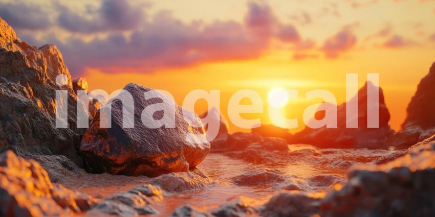 Golden Shoreline Rocks: Sunset Glow on Wet Sand, Gentle Waves Wash Over Stones, a Peaceful and Warm Coastal Scene.