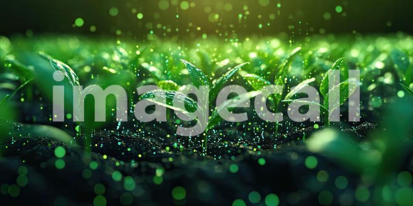 Glowing Sprout of Life: Digital Connections Surround a Young Plant, Light and Growth Symbolize Nature and Technology's Intertwined Future.