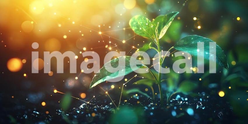 Glowing Sprout of Life: Digital Connections Surround a Young Plant, Light and Growth Symbolize Nature and Technology's Intertwined Future.