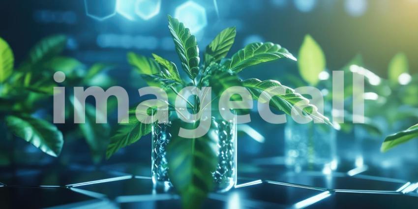 Glowing Sprout of Life: Digital Connections Surround a Young Plant, Light and Growth Symbolize Nature and Technology's Intertwined Future.