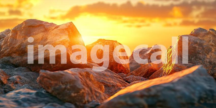 Golden Shoreline Rocks: Sunset Glow on Wet Sand, Gentle Waves Wash Over Stones, a Peaceful and Warm Coastal Scene.