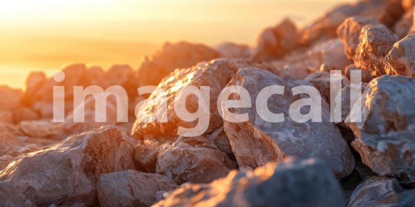 Golden Shoreline Rocks: Sunset Glow on Wet Sand, Gentle Waves Wash Over Stones, a Peaceful and Warm Coastal Scene.