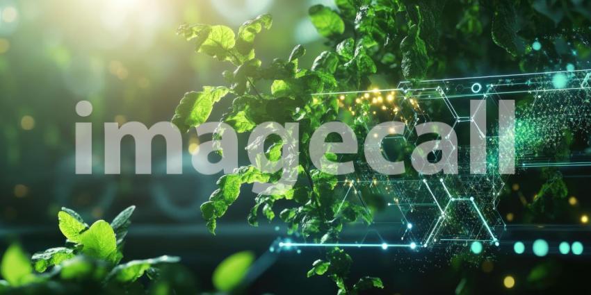 Glowing Sprout of Life: Digital Connections Surround a Young Plant, Light and Growth Symbolize Nature and Technology's Intertwined Future.