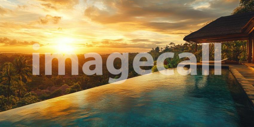 Tropical Sunset Paradise: Infinity Pool Reflects Golden Sky, Palm Trees and Lush Foliage, a Serene Escape to Exotic Beauty.